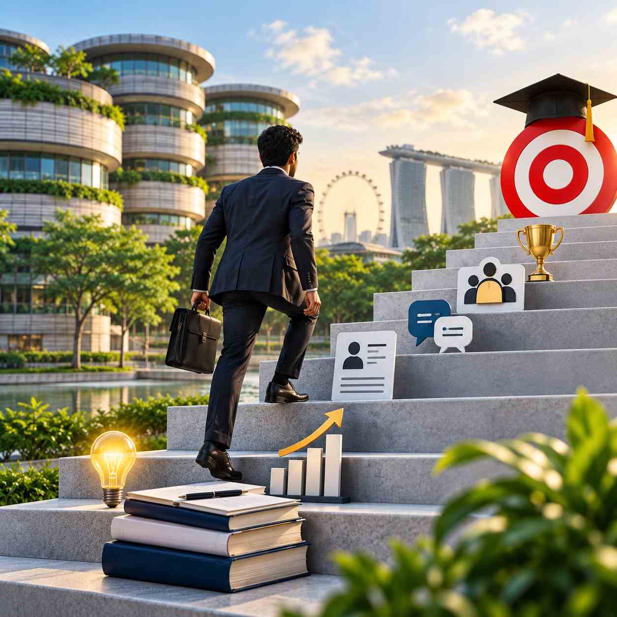 MBA applicant climbing steps toward a graduation target with books, growth chart, interview and leadership symbols, representing ways to improve Nanyang MBA admission chances.